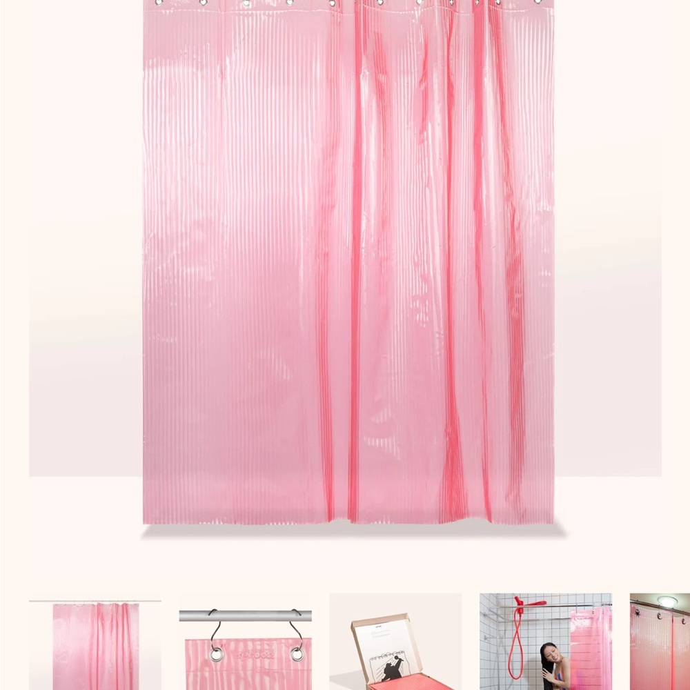 Pink sproos shower liner curtain.